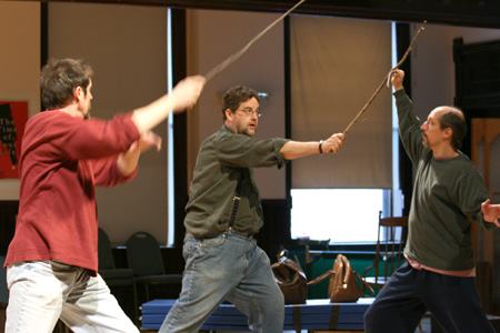 Fight Choreographer Jeffrey Baumgartner works with actors Bradley Mott and Kirk Anderson